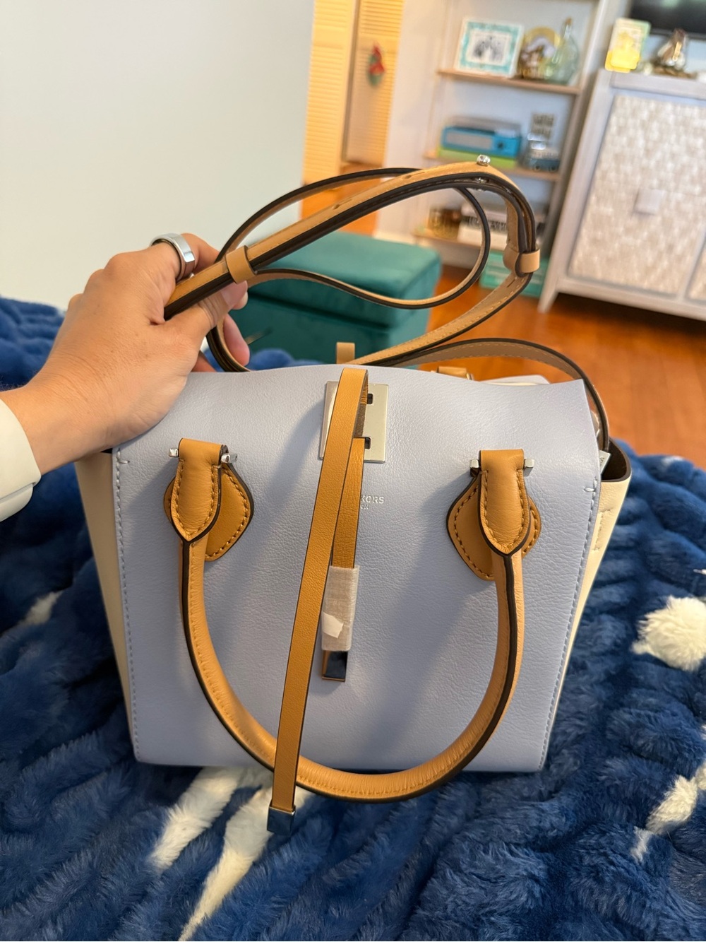 Michael Kors Collection Blue Leather Satchel with Tan Accents - Picture 11 of 13